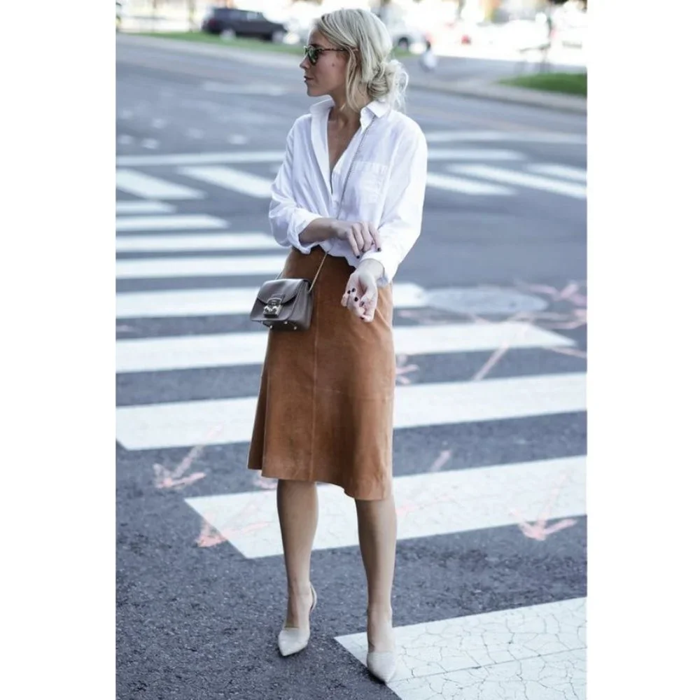 Vintage Danier Suede Leather Camel Tan High Rise Mini Midi Preppy Pencil Skirt - Picture 10 of 14